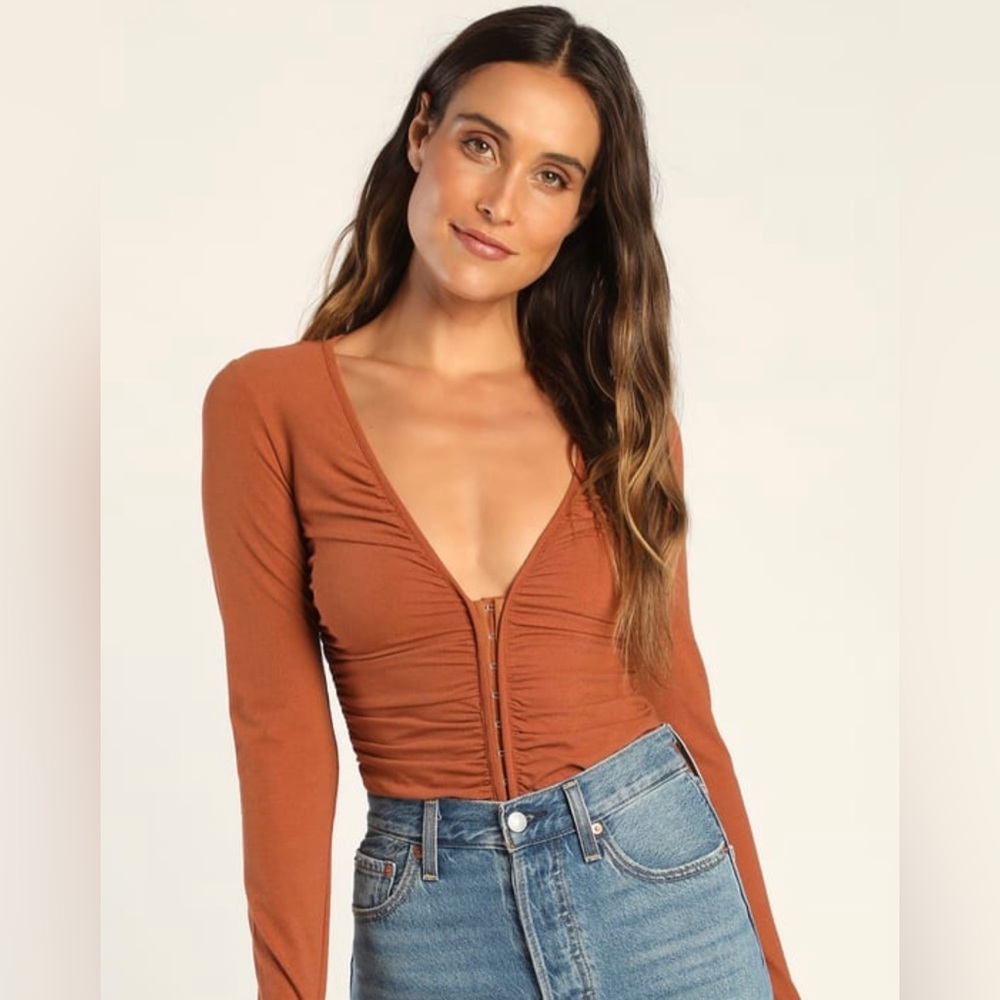 Perfectly Pleased Rust Brown Ruched Long Sleeve Bodysuit